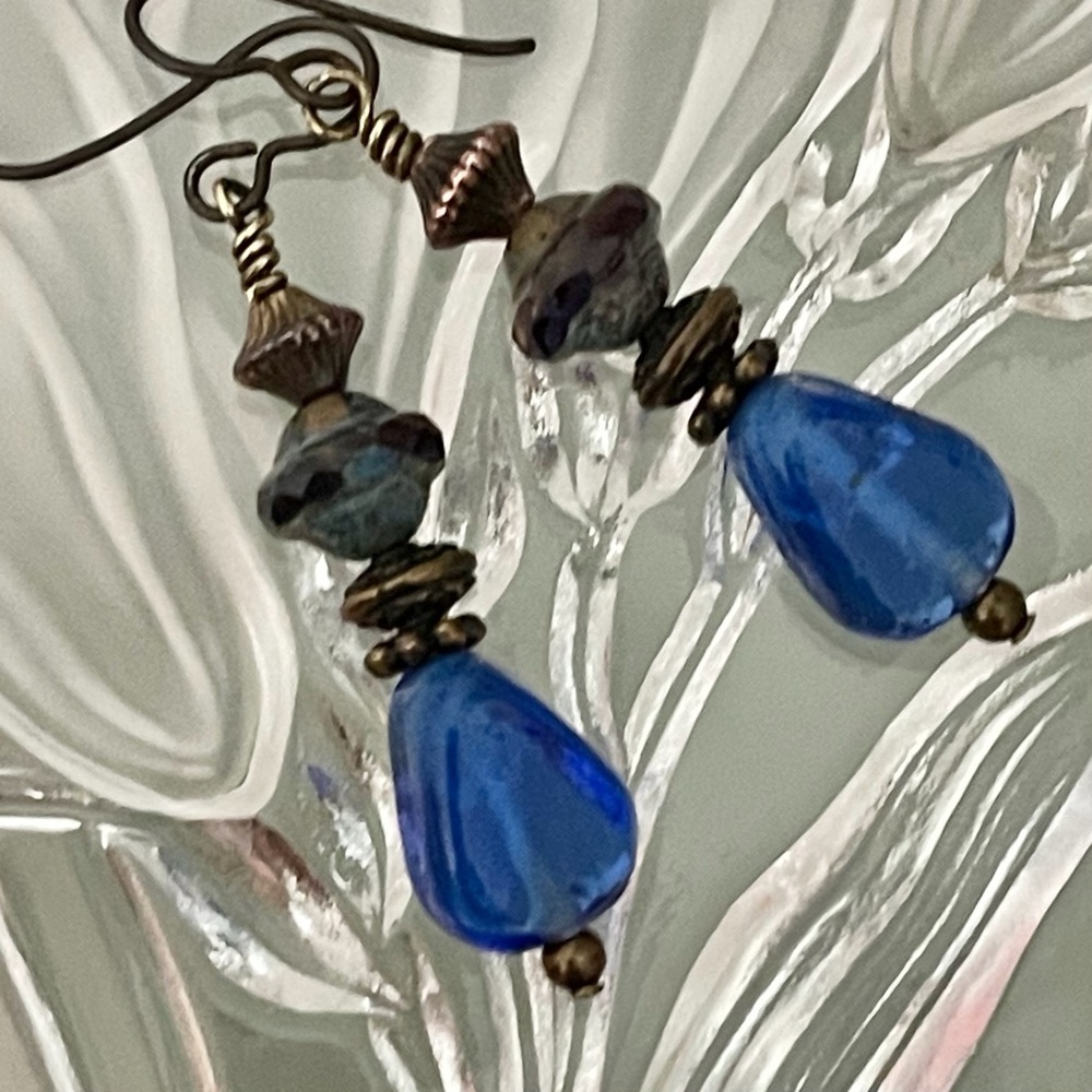 Artisan Earrings - “Brassy Cobalt Blues”Dangles - Picture 3 of 9